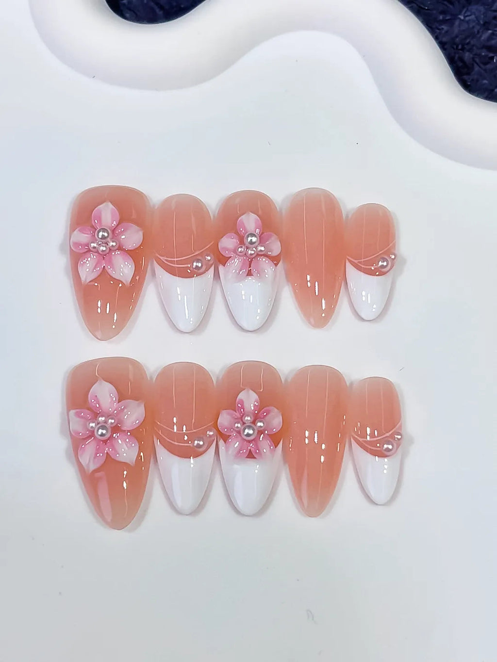 D579 - Medium Nude White Almond French tip Flower Pearl VibeNailsLab