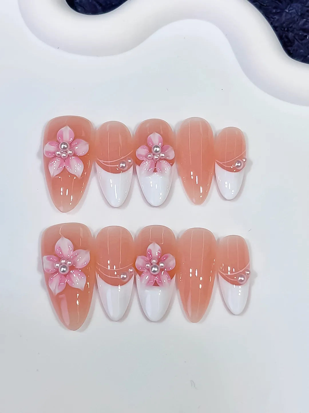 D579 - Medium Nude White Almond French tip Flower Pearl VibeNailsLab