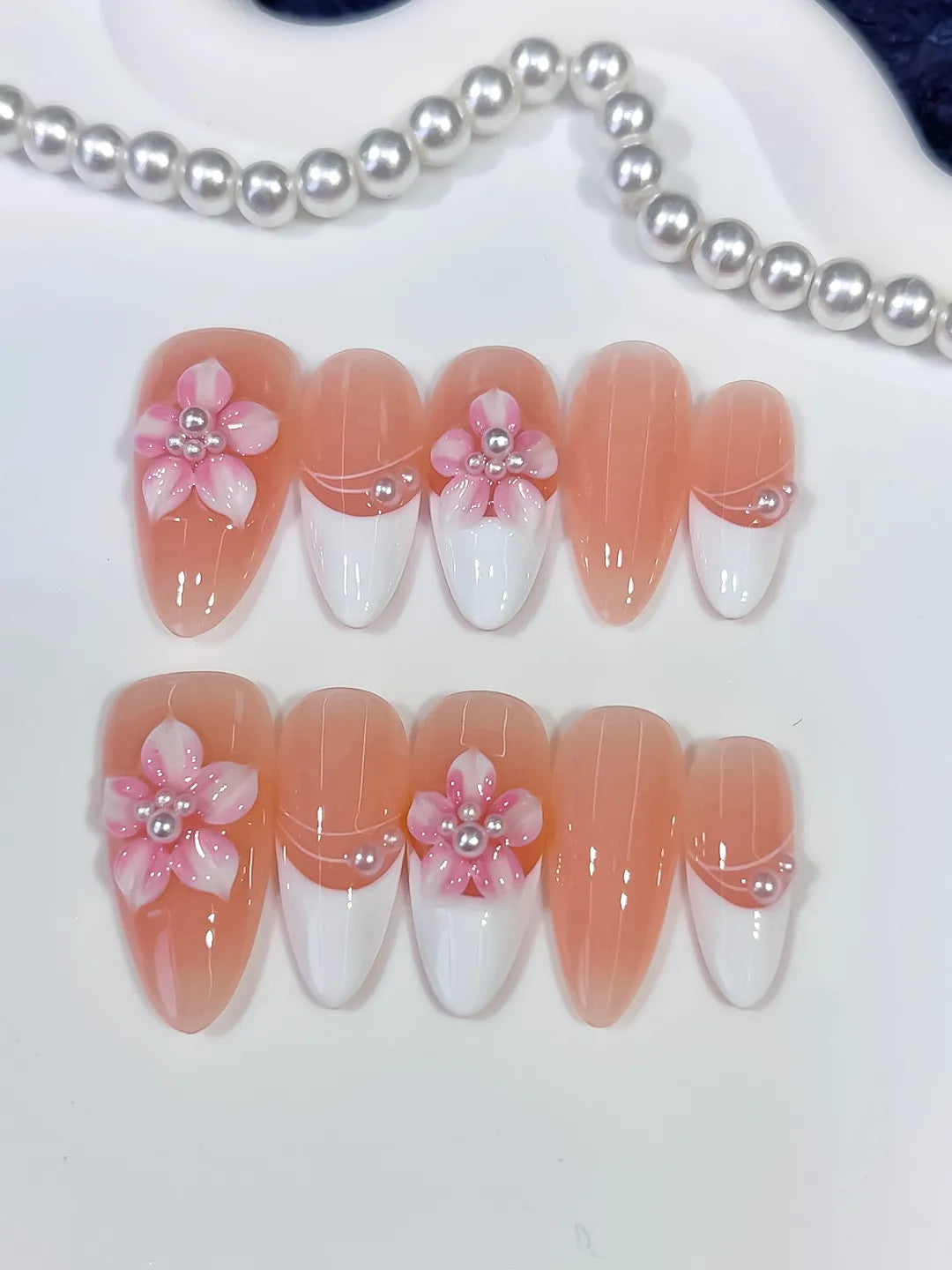 D579 - Medium Nude White Almond French tip Flower Pearl VibeNailsLab