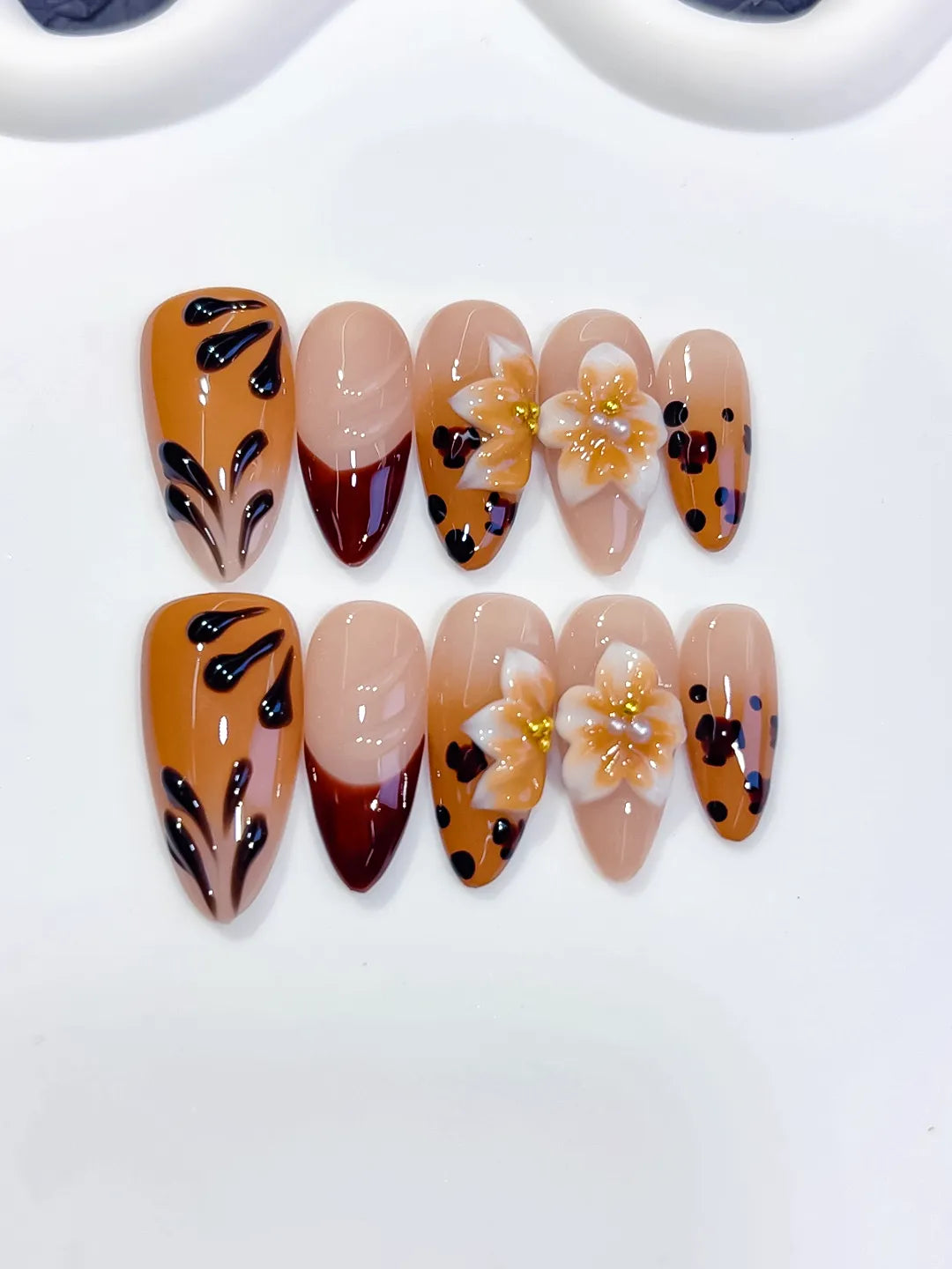D584 - Medium Brown Red Almond Abstract Flower Animal Print
