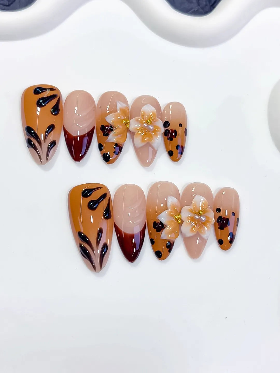 D584 - Medium Brown Red Almond Abstract Flower Animal Print