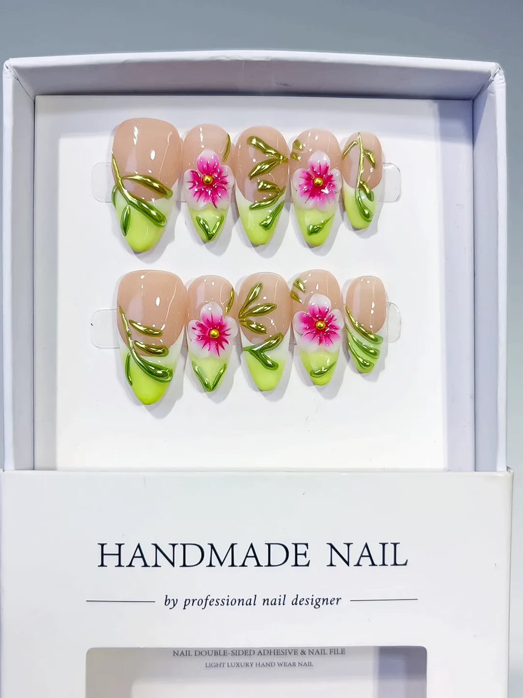 D585 - Medium Nude Green Almond French tip Flower Leaf