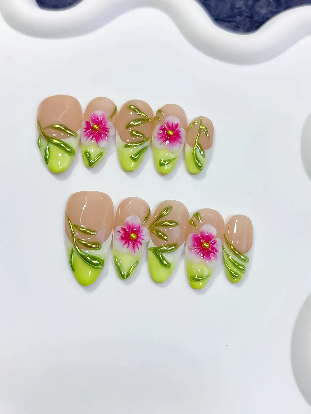 D585 - Medium Nude Green Almond French tip Flower Leaf