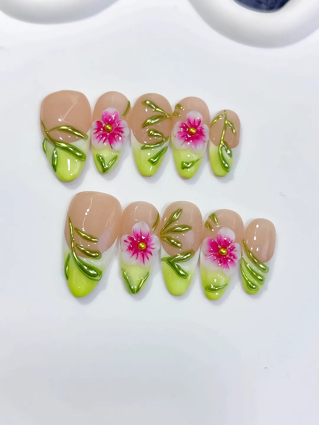 D585 - Medium Nude Green Almond French tip Flower Leaf