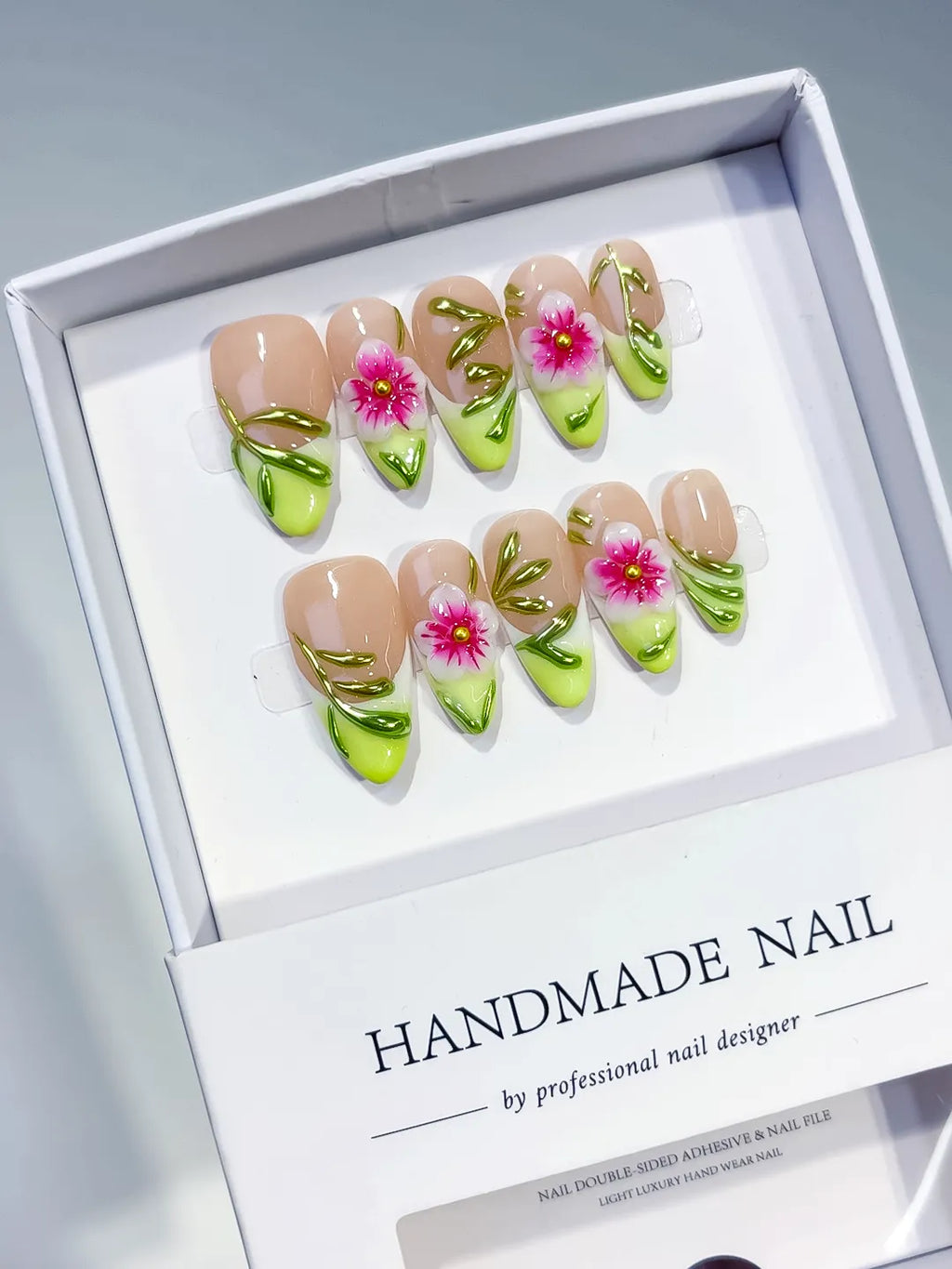 D585 - Medium Nude Green Almond French tip Flower Leaf
