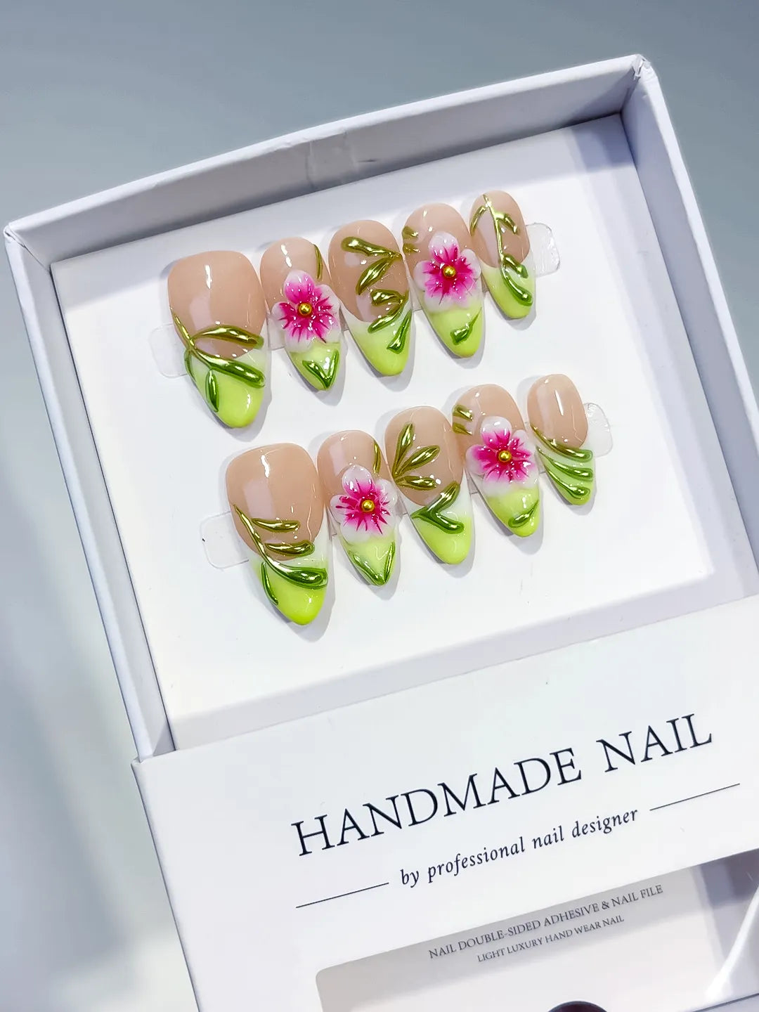 D585 - Medium Nude Green Almond French tip Flower Leaf