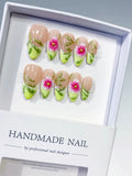 D585 - Medium Nude Green Almond French tip Flower Leaf