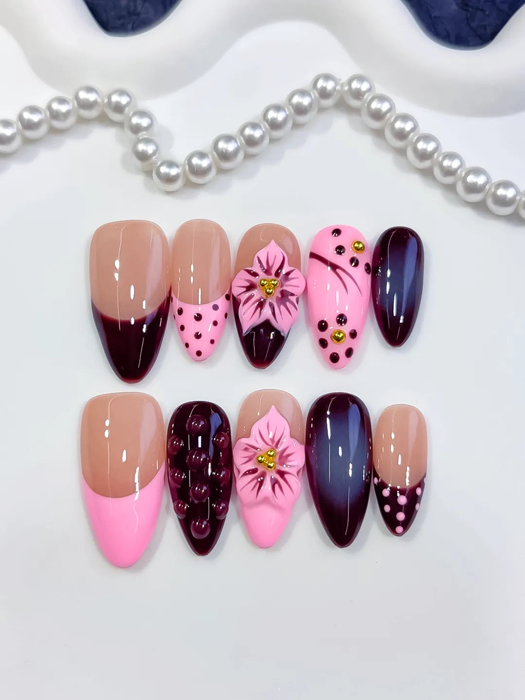 D587 - Medium Nude Pink Almond Abstract Flower Dot Pattern