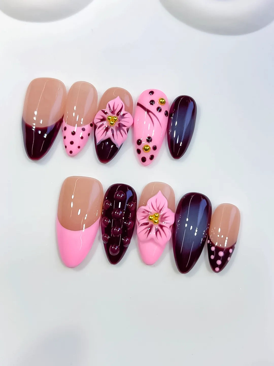 D587 - Medium Nude Pink Almond Abstract Flower Dot Pattern