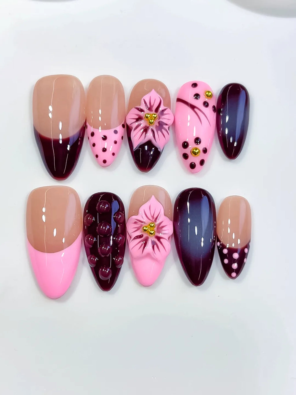 D587 - Medium Nude Pink Almond Abstract Flower Dot Pattern