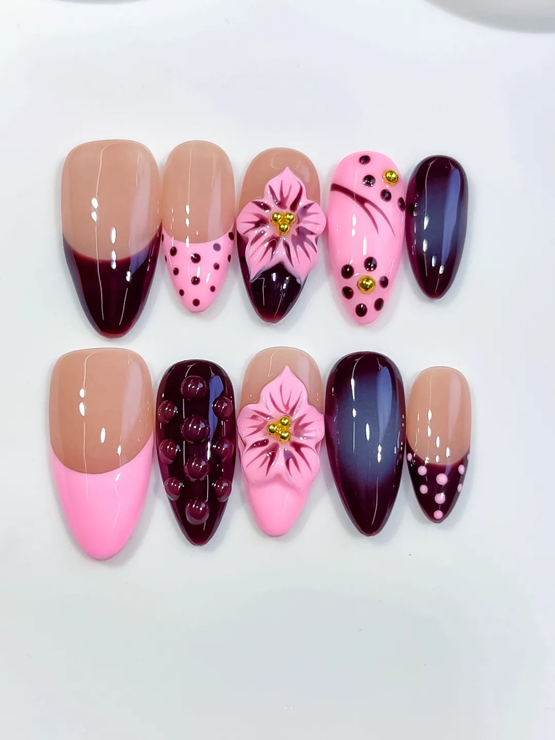 D587 - Medium Nude Pink Almond Abstract Flower Dot Pattern