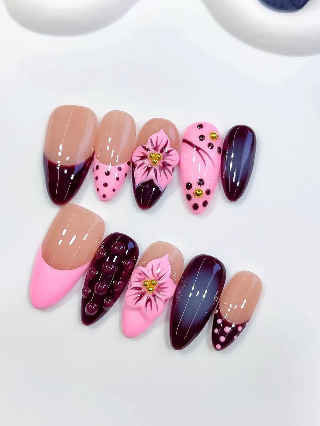 D587 - Medium Nude Pink Almond Abstract Flower Dot Pattern