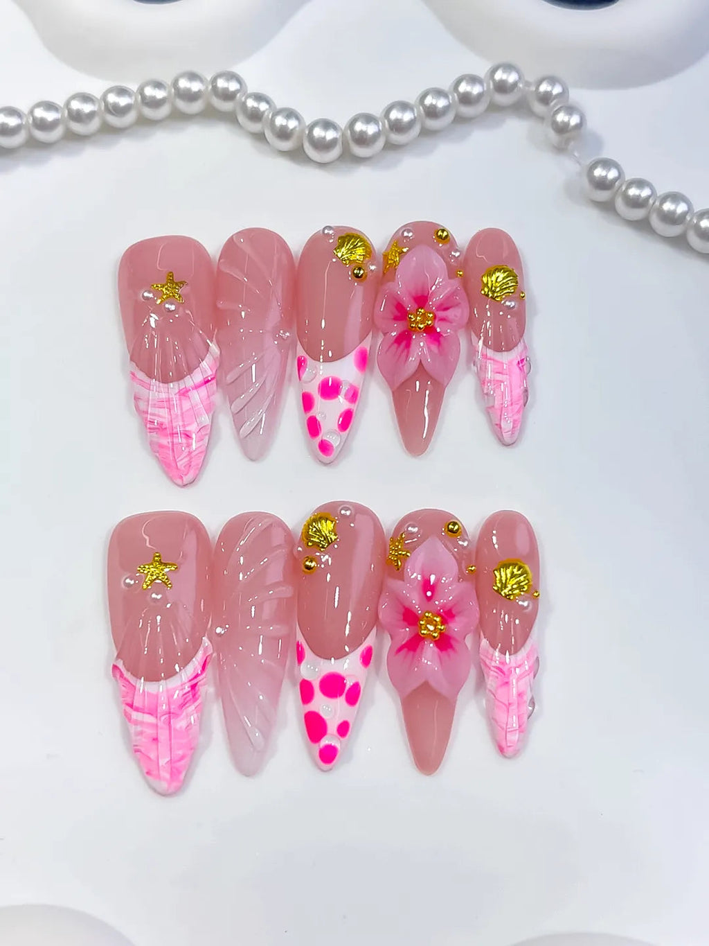 D589 - Long Pink White Almond Abstract Flower Shell VibeNailsLab