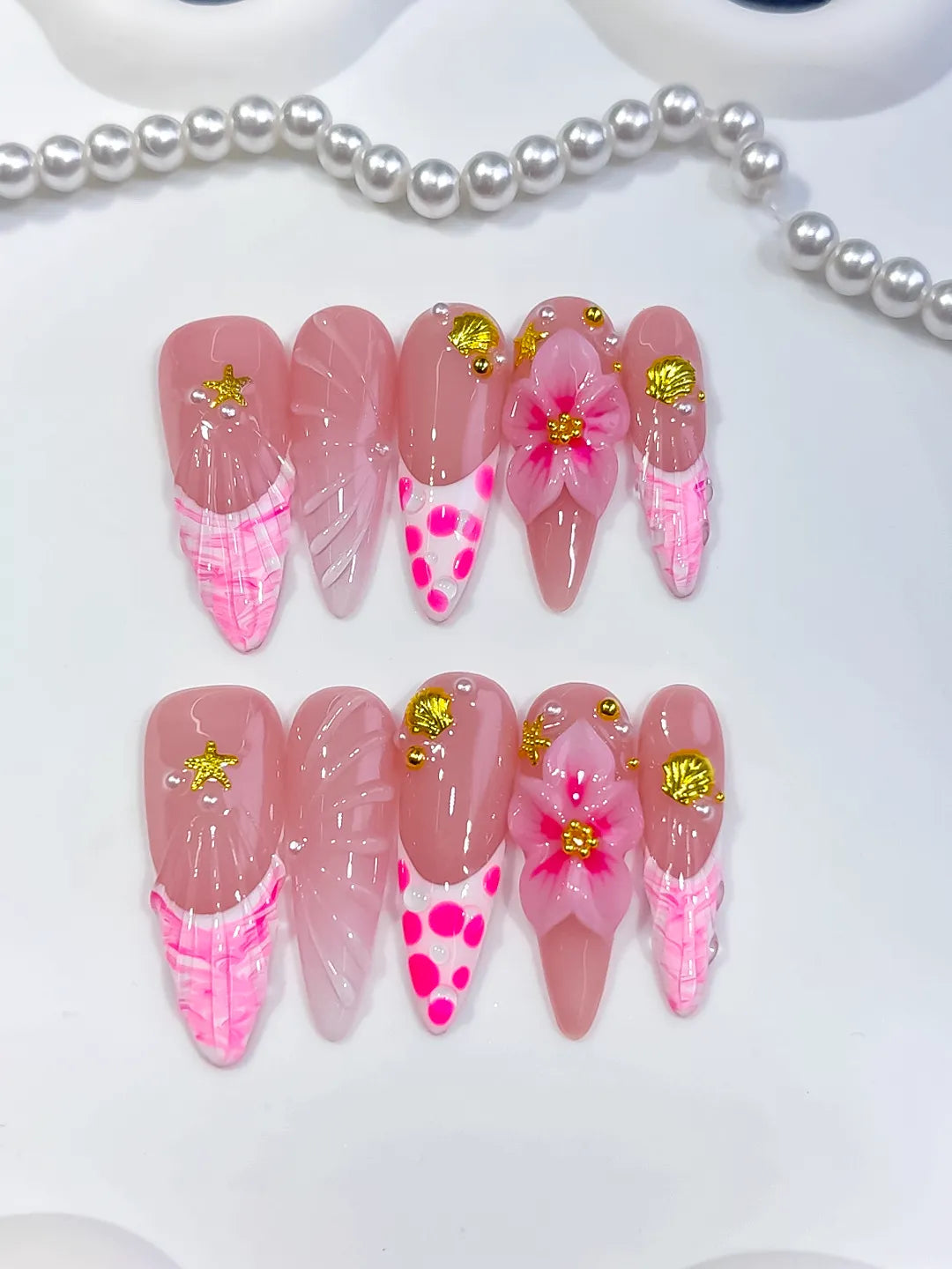D589 - Long Pink White Almond Abstract Flower Shell VibeNailsLab