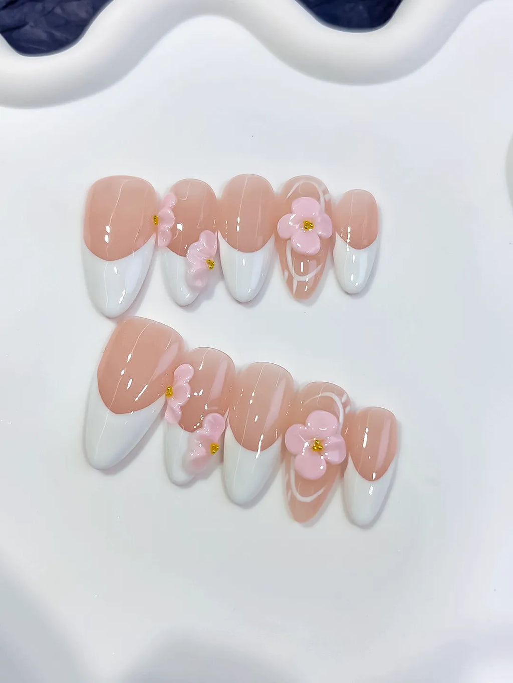 D591 - Medium Nude White Almond French tip Flower