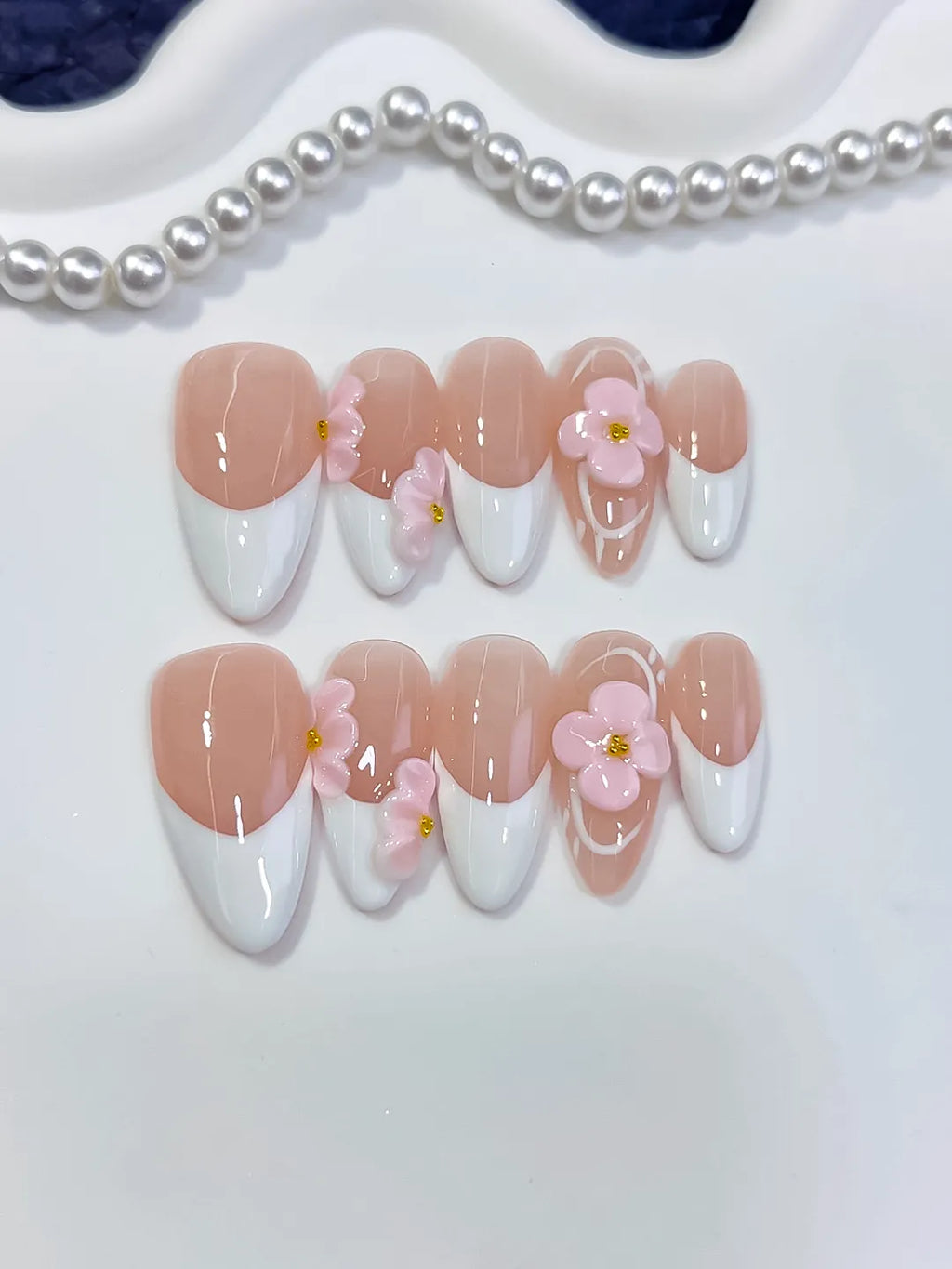 D591 - Medium Nude White Almond French tip Flower
