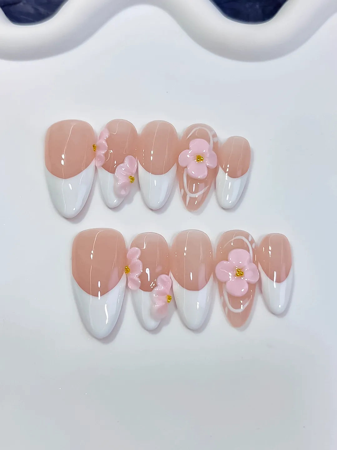 D591 - Medium Nude White Almond French tip Flower