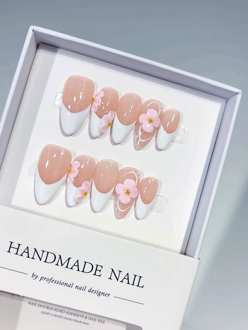 D591 - Medium Nude White Almond French tip Flower