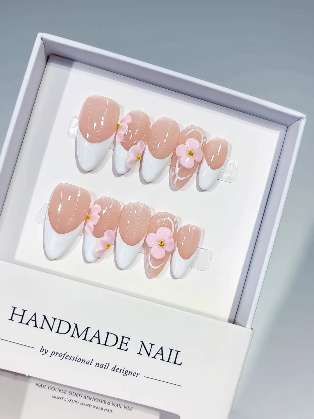 D591 - Medium Nude White Almond French tip Flower