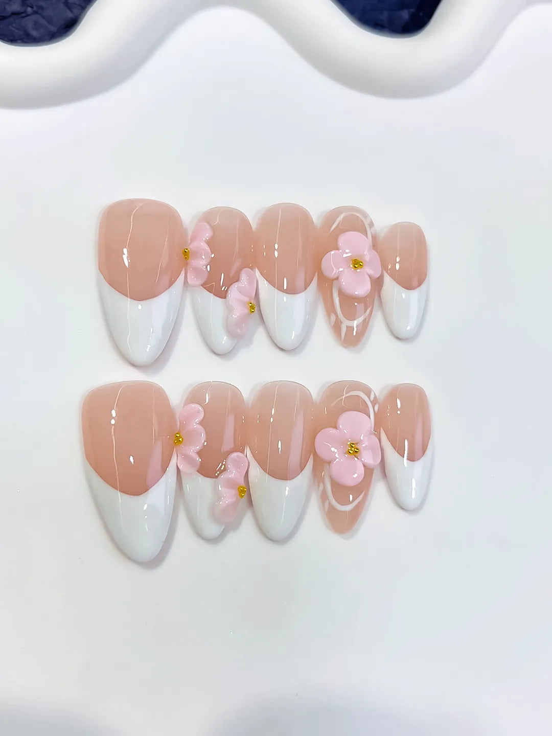 D591 - Medium Nude White Almond French tip Flower