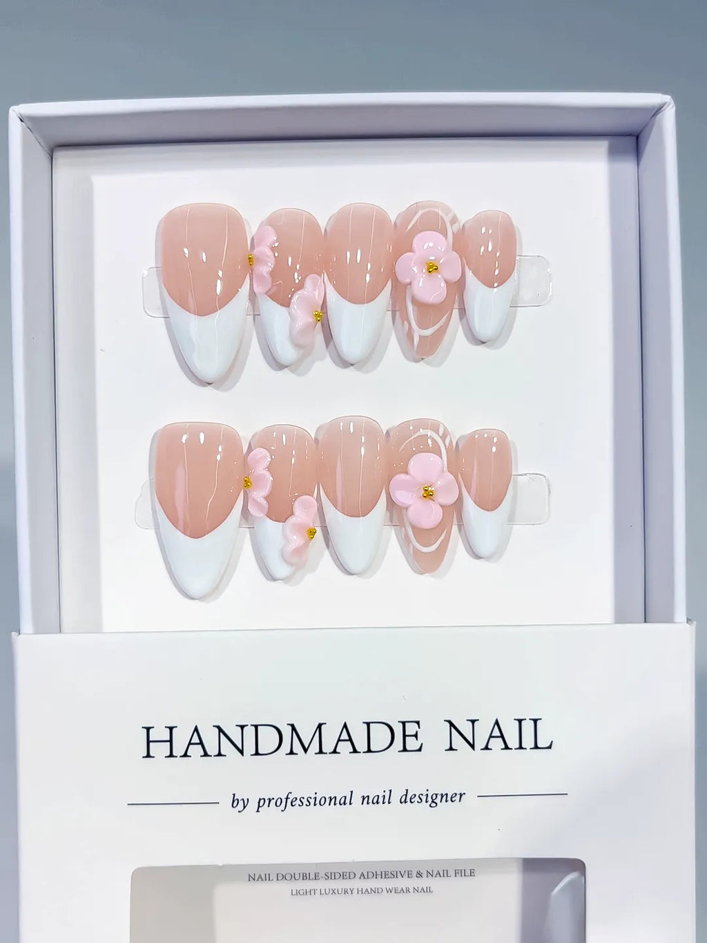 D591 - Medium Nude White Almond French tip Flower