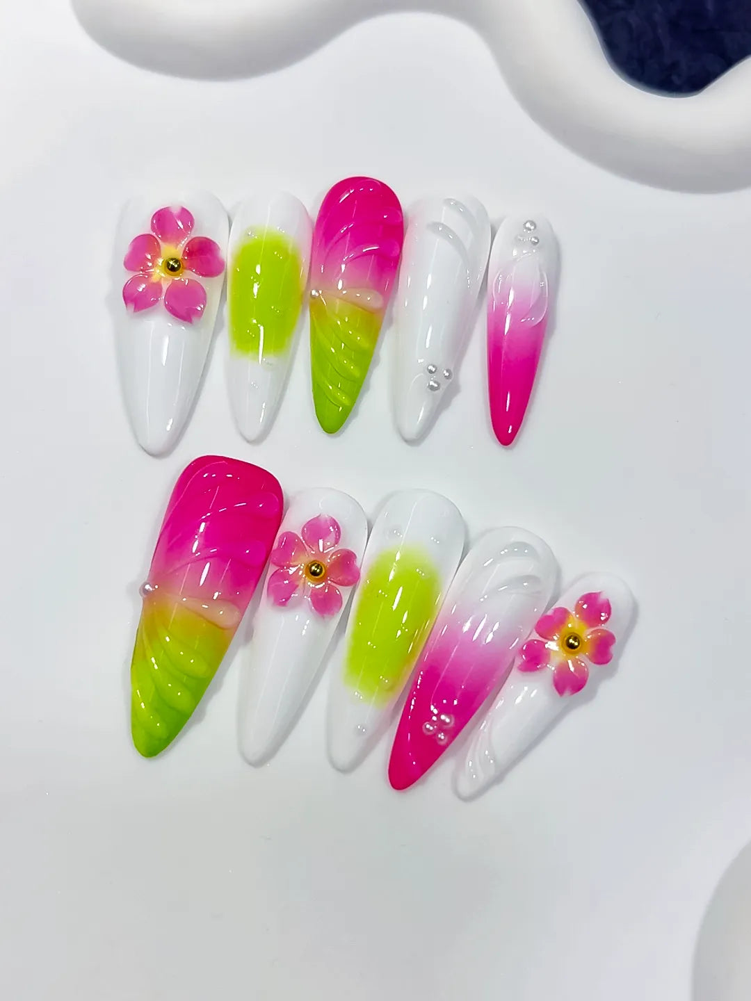D593 - Long White Pink Almond Ombre Flower Shell