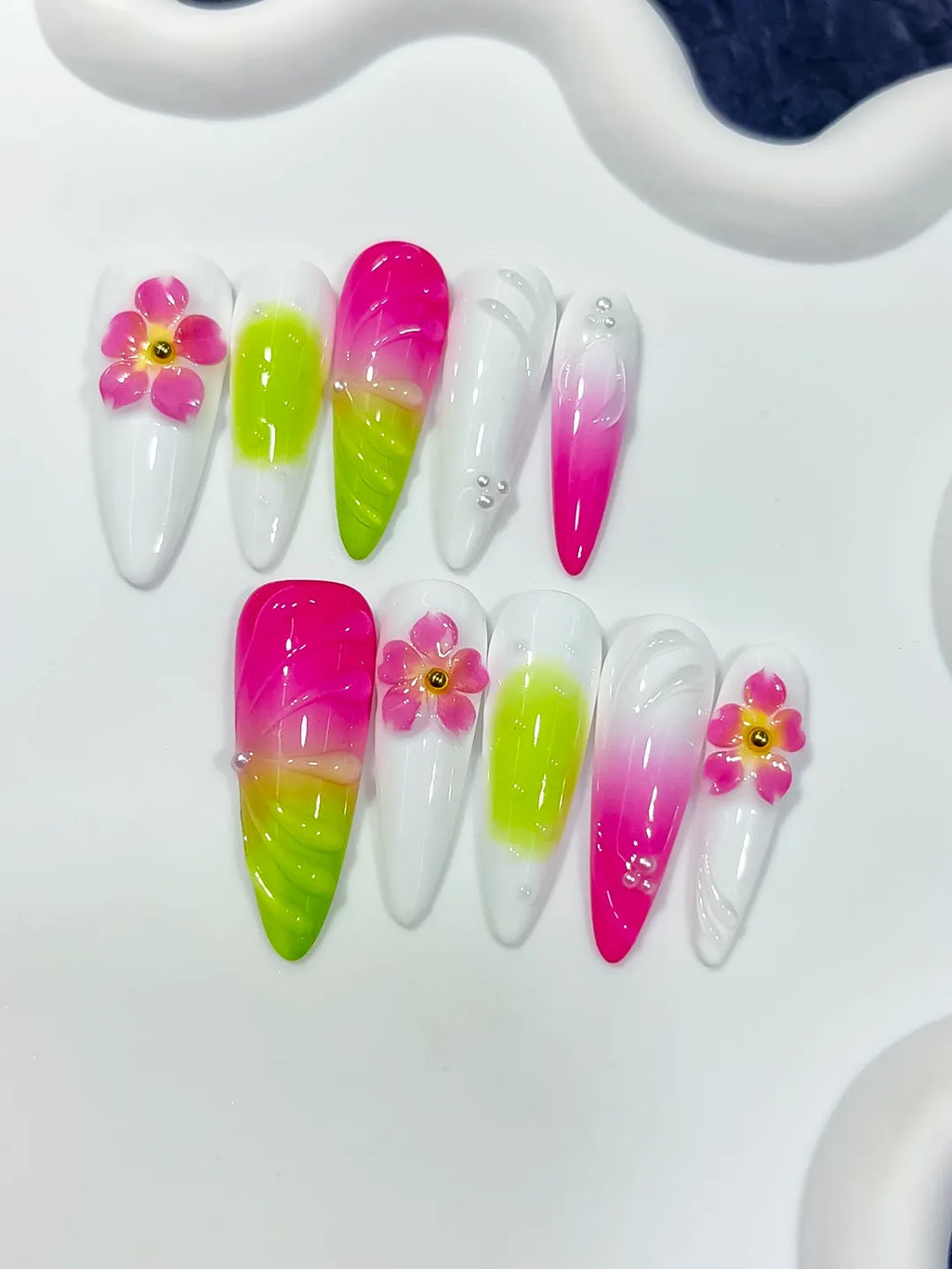 D593 - Long White Pink Almond Ombre Flower Shell
