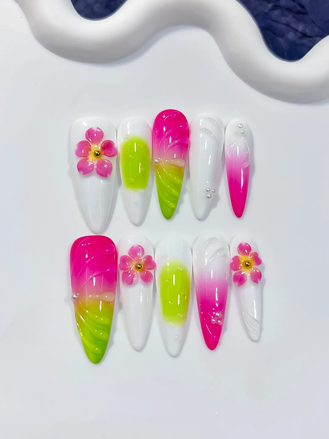D593 - Long White Pink Almond Ombre Flower Shell