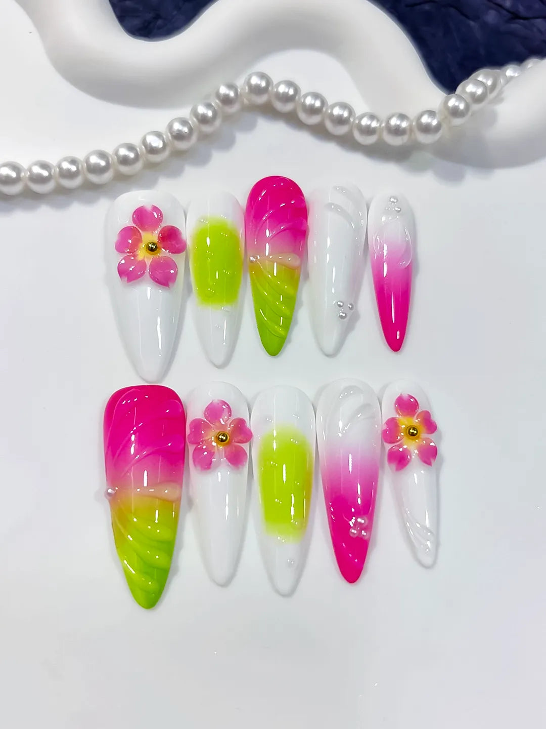 D593 - Long White Pink Almond Ombre Flower Shell