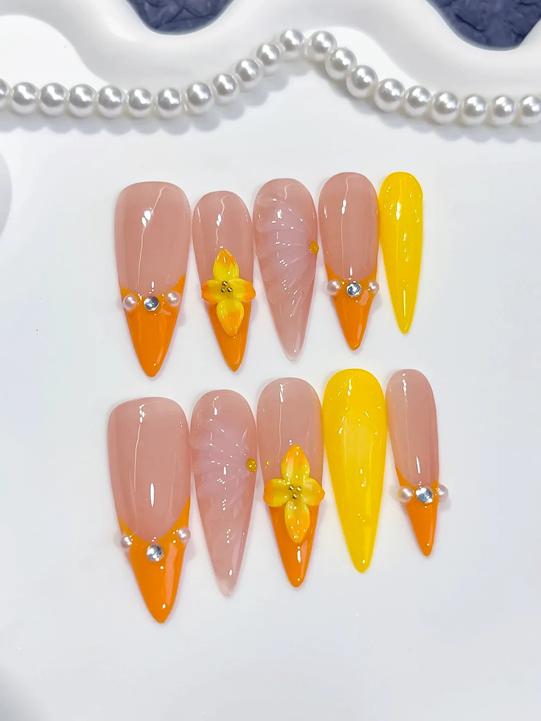 D594 - Long Nude Orange Almond French tip Flower Shell VibeNailsLab