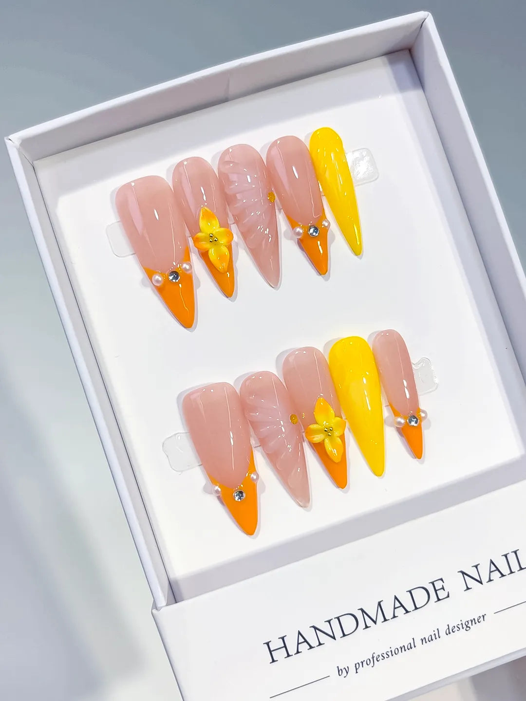 D594 - Long Nude Orange Almond French tip Flower Shell VibeNailsLab