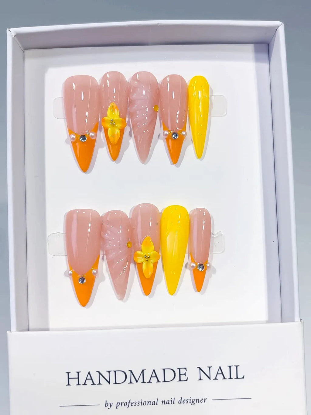 D594 - Long Nude Orange Almond French tip Flower Shell VibeNailsLab