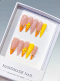 D594 - Long Nude Orange Almond French tip Flower Shell VibeNailsLab