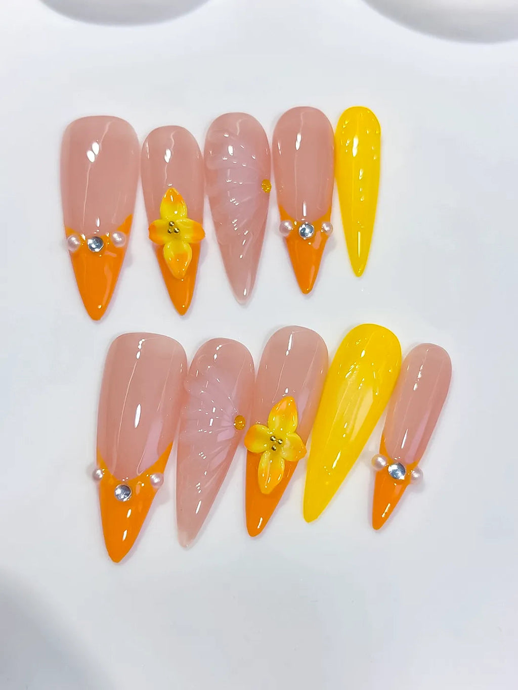 D594 - Long Nude Orange Almond French tip Flower Shell VibeNailsLab