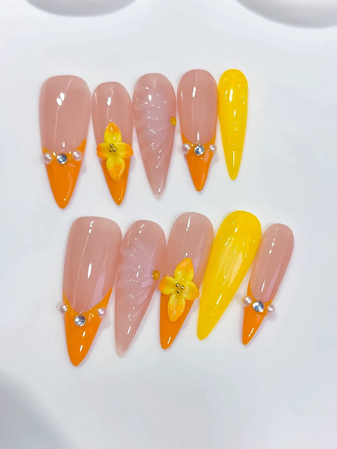 D594 - Long Nude Orange Almond French tip Flower Shell VibeNailsLab
