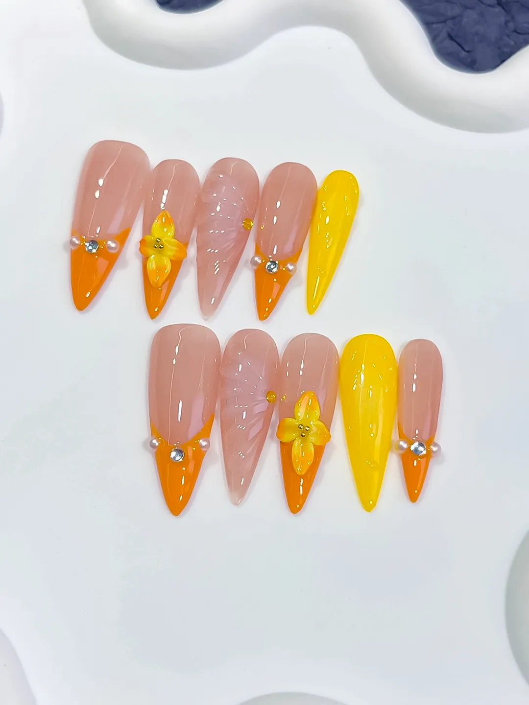 D594 - Long Nude Orange Almond French tip Flower Shell VibeNailsLab