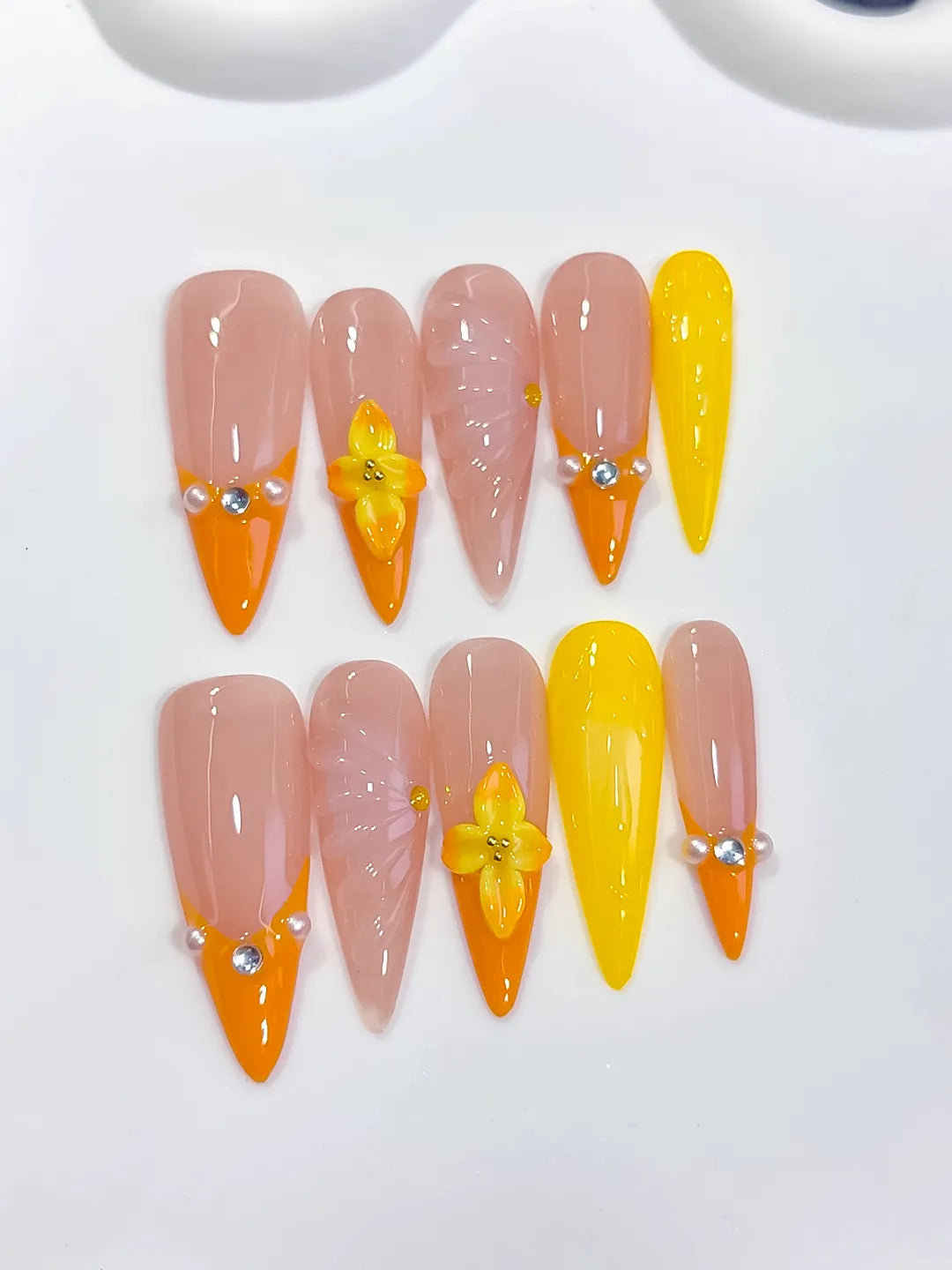 D594 - Long Nude Orange Almond French tip Flower Shell VibeNailsLab