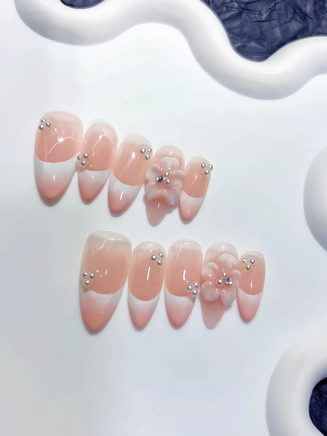 D595 - Medium Pink White Almond French tip Flower Rhinestone