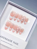 D595 - Medium Pink White Almond French tip Flower Rhinestone
