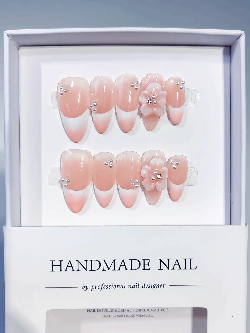D595 - Medium Pink White Almond French tip Flower Rhinestone