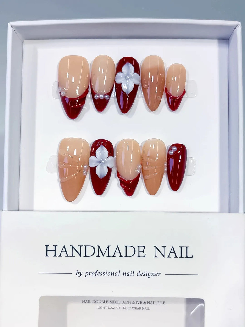 D598 - Medium Nude Red Almond French tip Flower Shell VibeNailsLab