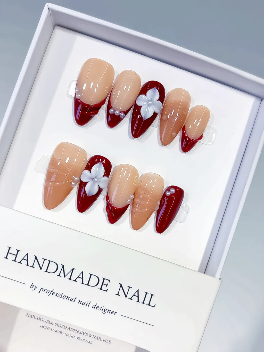 D598 - Medium Nude Red Almond French tip Flower Shell VibeNailsLab