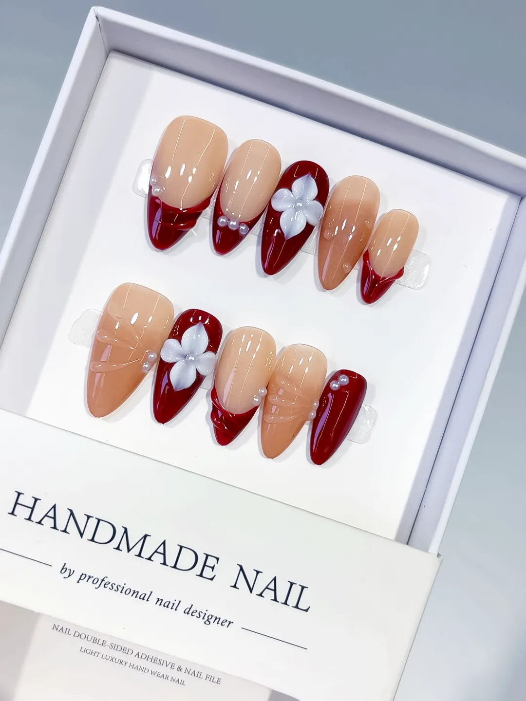 D598 - Medium Nude Red Almond French tip Flower Shell VibeNailsLab