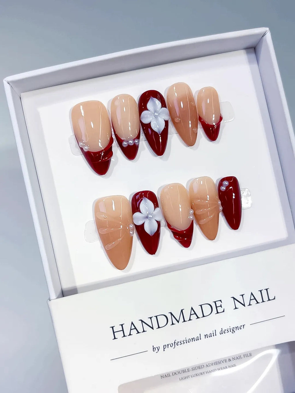 D598 - Medium Nude Red Almond French tip Flower Shell VibeNailsLab