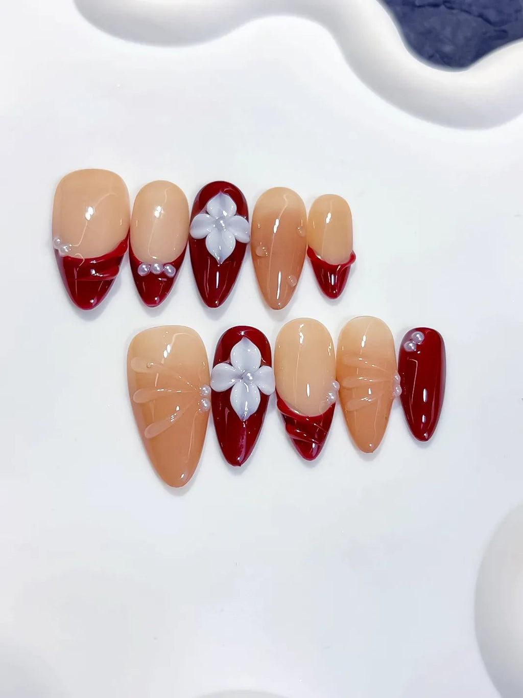 D598 - Medium Nude Red Almond French tip Flower Shell VibeNailsLab