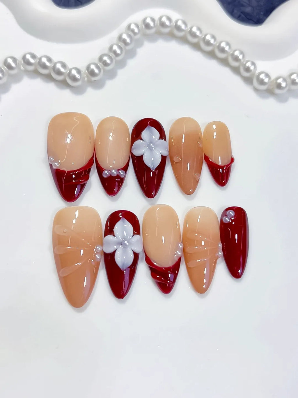 D598 - Medium Nude Red Almond French tip Flower Shell VibeNailsLab
