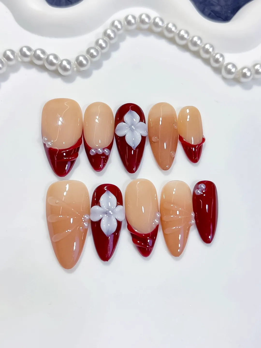 D598 - Medium Nude Red Almond French tip Flower Shell VibeNailsLab
