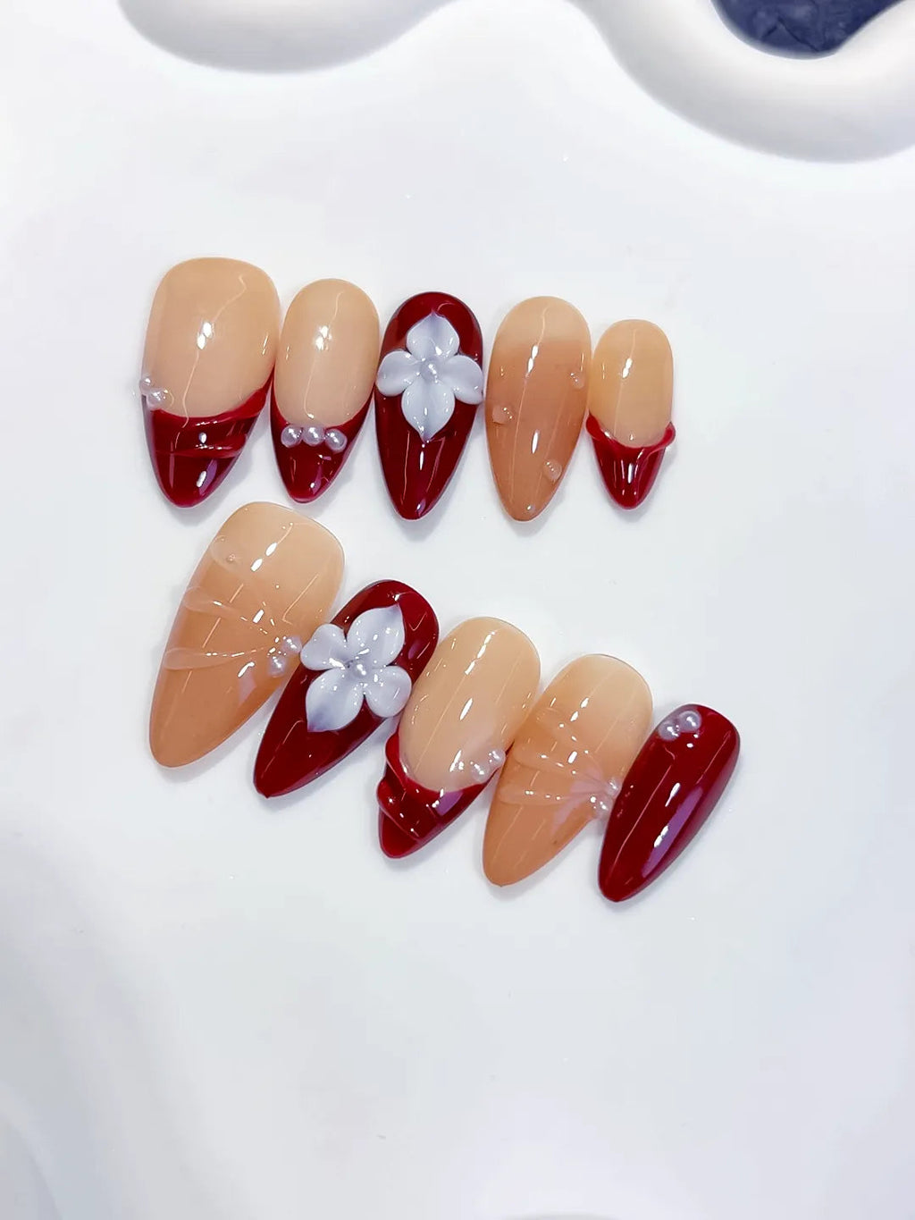 D598 - Medium Nude Red Almond French tip Flower Shell VibeNailsLab