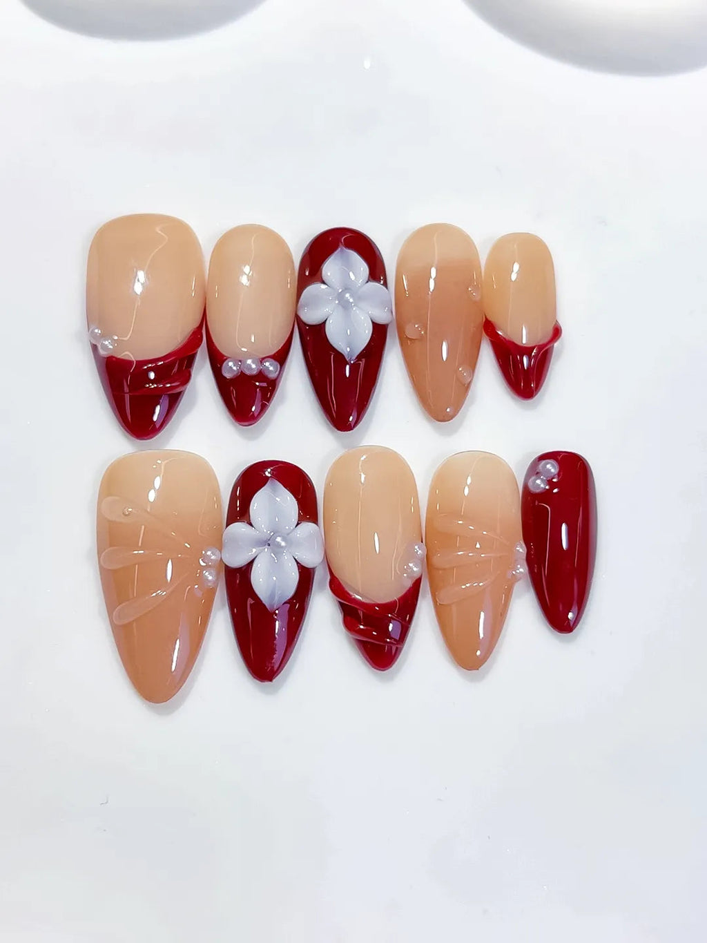 D598 - Medium Nude Red Almond French tip Flower Shell VibeNailsLab