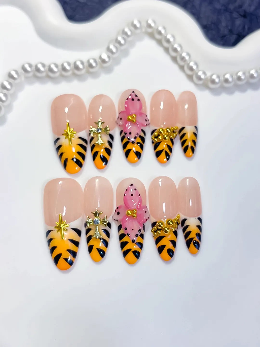 D600 - Long Nude Yellow Oval French tip Animal Print Bow VibeNailsLab